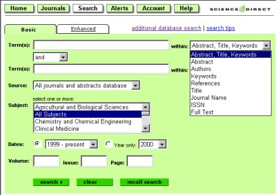 Elsevier ScienceDirect Search Screen